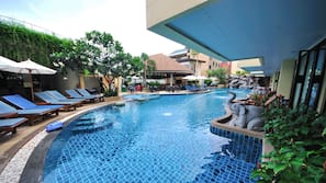 Outdoor pool, pool umbrellas, pool loungers