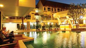 Outdoor pool, pool umbrellas, pool loungers