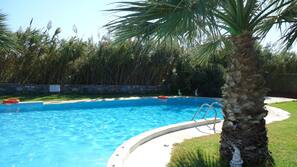 Seasonal outdoor pool, pool umbrellas, sun loungers