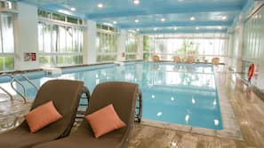 Indoor pool, outdoor pool, pool umbrellas, sun loungers