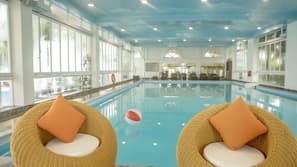 Indoor pool, outdoor pool, pool umbrellas, sun loungers