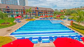 2 outdoor pools, open 8:00 AM to 6:00 PM, pool umbrellas, sun loungers