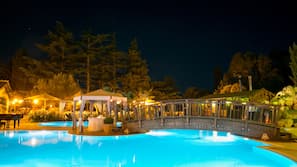 Outdoor pool, pool umbrellas, pool loungers