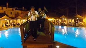 Outdoor pool, pool umbrellas, pool loungers