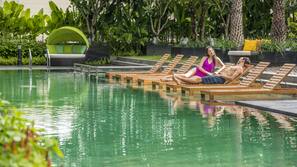 Outdoor pool, pool umbrellas, pool loungers
