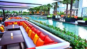 Outdoor pool, pool umbrellas, pool loungers