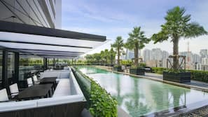 Outdoor pool, pool umbrellas, pool loungers