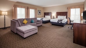 Premium bedding, pillowtop beds, desk, laptop workspace