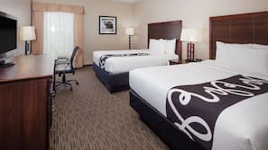 Premium bedding, pillowtop beds, desk, laptop workspace