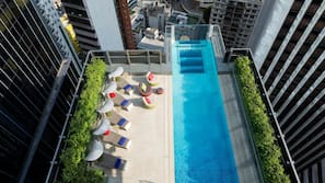 Outdoor pool, pool umbrellas, pool loungers
