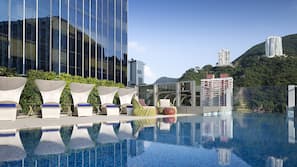 Outdoor pool, pool umbrellas, pool loungers