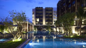 Outdoor pool, pool umbrellas, pool loungers