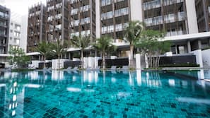 Outdoor pool, pool umbrellas, pool loungers
