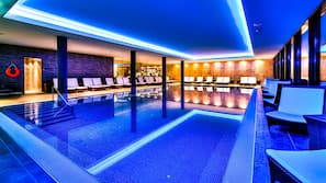 Indoor pool, outdoor pool, pool loungers