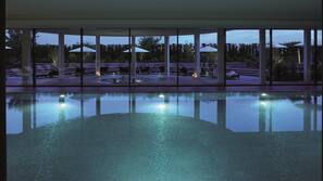 Indoor pool, outdoor pool, pool loungers