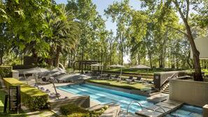 Outdoor pool, pool umbrellas, pool loungers