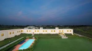 Outdoor pool, pool umbrellas, pool loungers