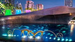 Outdoor pool, pool umbrellas, sun loungers