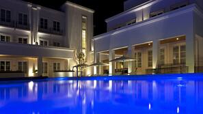 Indoor pool, outdoor pool, open 11 AM to 8 PM, pool loungers