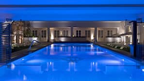 Indoor pool, outdoor pool, open 11 AM to 8 PM, pool loungers