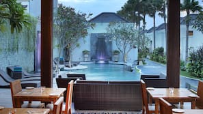 Outdoor pool, pool umbrellas, pool loungers