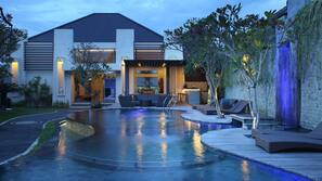 Outdoor pool, pool umbrellas, pool loungers