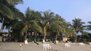 Private beach, sun loungers, beach towels, beach bar