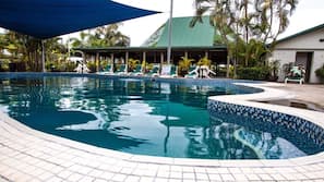 Outdoor pool, open 7 AM to 9 PM, pool umbrellas, sun loungers