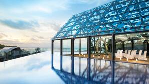 Outdoor pool, pool umbrellas, pool loungers