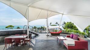 Outdoor pool, pool umbrellas, pool loungers