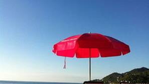 Plage, chaises longues, parasols, serviettes de plage