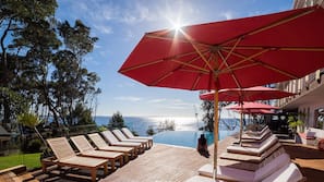 Outdoor pool, pool umbrellas, pool loungers