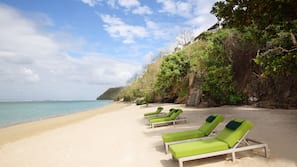 Private beach, white sand, beach towels, snorkelling