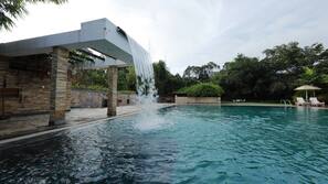 Outdoor pool, pool umbrellas, pool loungers