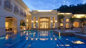Indoor pool, outdoor pool, open 7:00 AM to 11:00 PM, pool umbrellas
