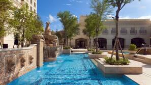 Indoor pool, outdoor pool, open 7:00 AM to 11:00 PM, pool umbrellas