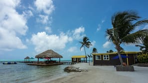 On the beach, sun-loungers, beach umbrellas, beach towels