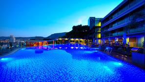 Outdoor pool, pool umbrellas, pool loungers