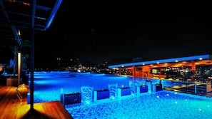 Outdoor pool, pool umbrellas, pool loungers