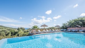 Outdoor pool, pool umbrellas, pool loungers