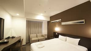 Down comforters, desk, blackout drapes, iron/ironing board
