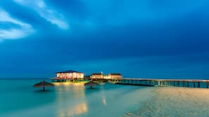 Private beach, white sand, free beach cabanas, sun-loungers