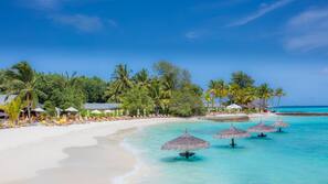 Private beach, white sand, free beach cabanas, sun-loungers