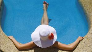 Outdoor pool, pool umbrellas, pool loungers