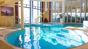 Indoor pool, seasonal outdoor pool, pool loungers