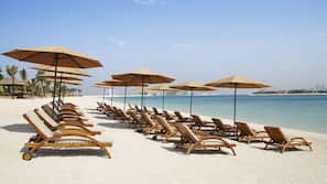 Private beach, white sand, free beach cabanas, sun-loungers