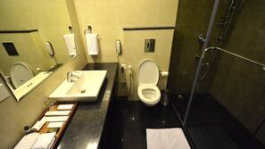 Shower, rainfall showerhead, designer toiletries, hair dryer