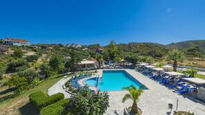 Outdoor pool, pool umbrellas, pool loungers