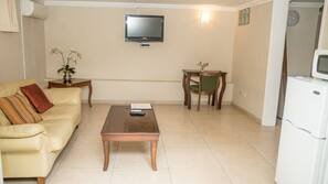 32-inch flat-screen TV with satellite channels