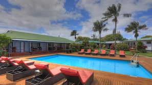 Outdoor pool, pool umbrellas, pool loungers
